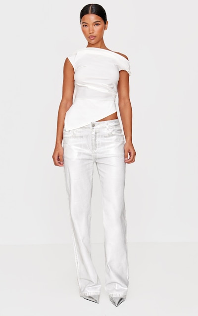 White Metallic Effect Low Rise Wide Leg Jeans