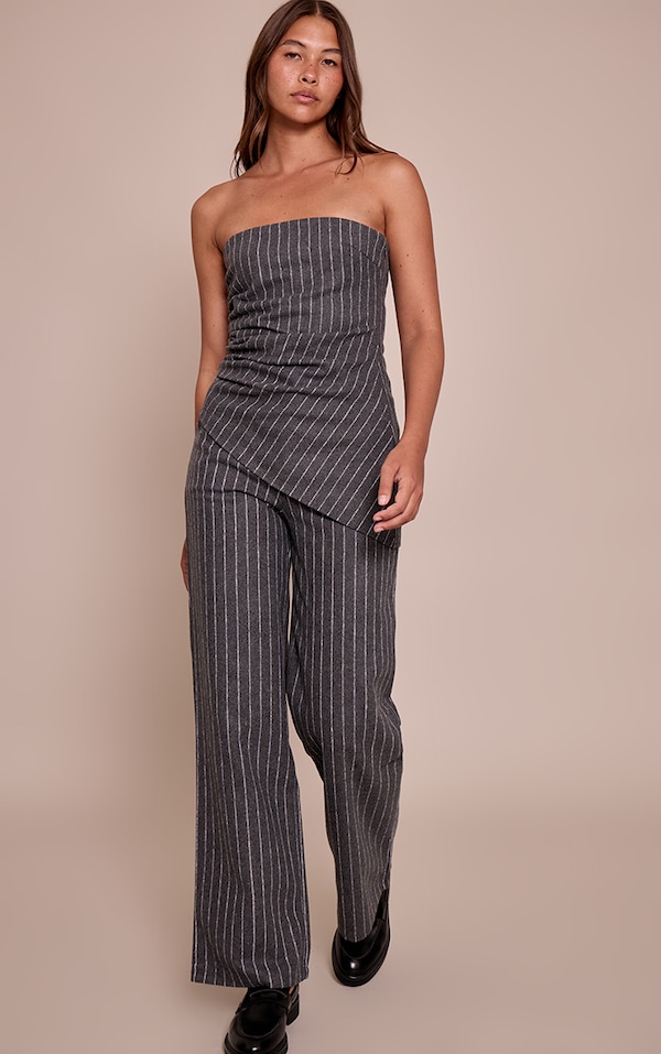 Charcoal Grey Pinstripe Tailored Woven Wide Leg Pants