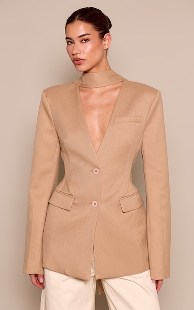 Blazer cintré taupe à détail foulard et hanches structurées