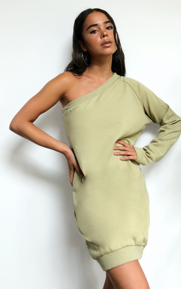 Sage Green One Shoulder Tie Waist Sweat Jumper Dress
