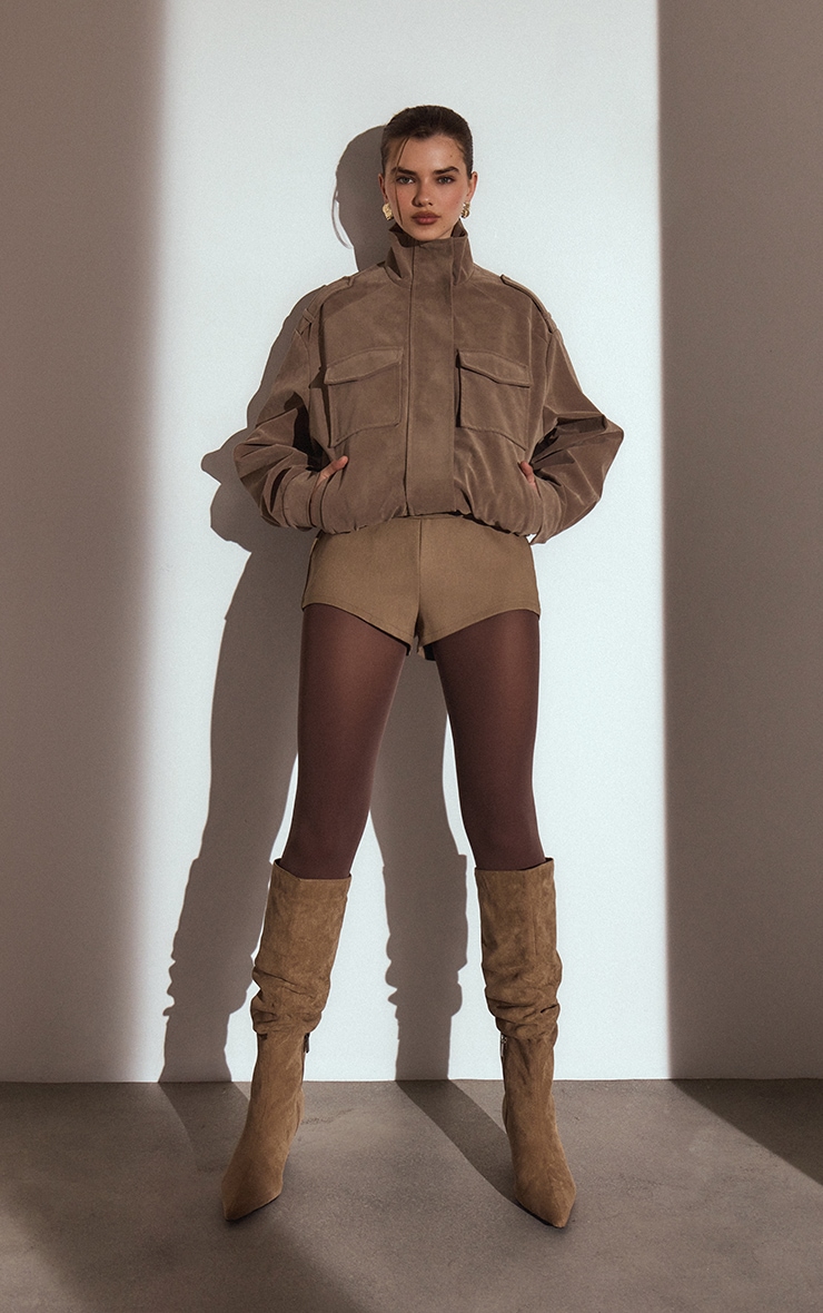 Mushroom Funnel Neck Pocket Detail Faux Suede Bomber  image 3