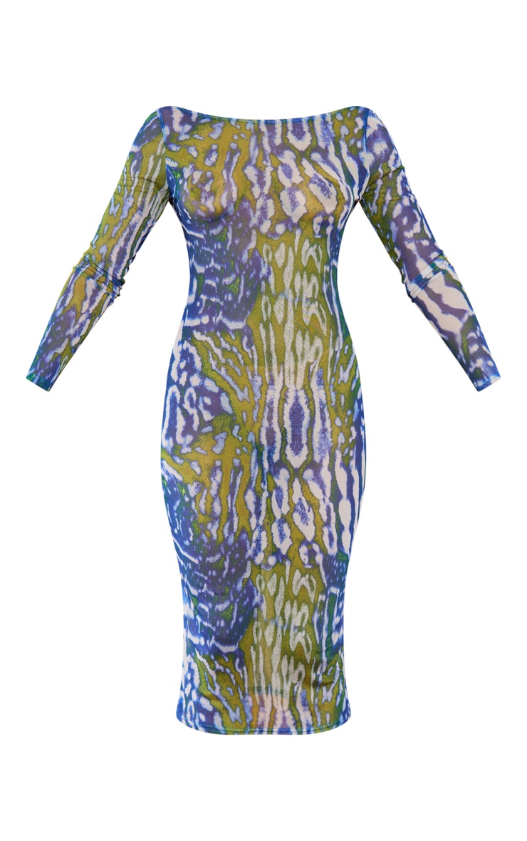 Blue Animal Print Mesh Low Back Long Sleeve Midaxi Dress image 1