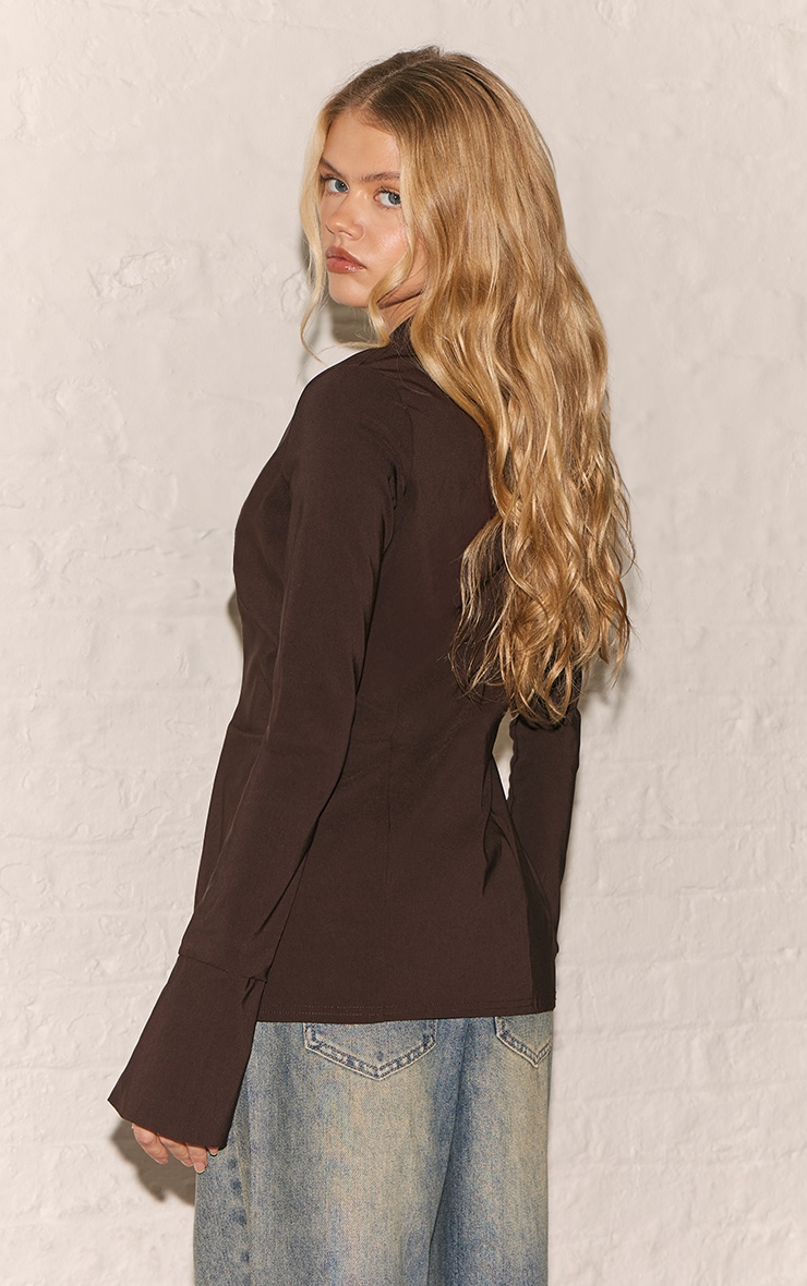 Chocolate Bengaline Cinched Waist Detail Long Sleeve Shirt image 2