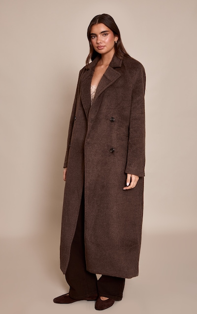 Manteau long structuré en effet laine chocolat à double boutonnière