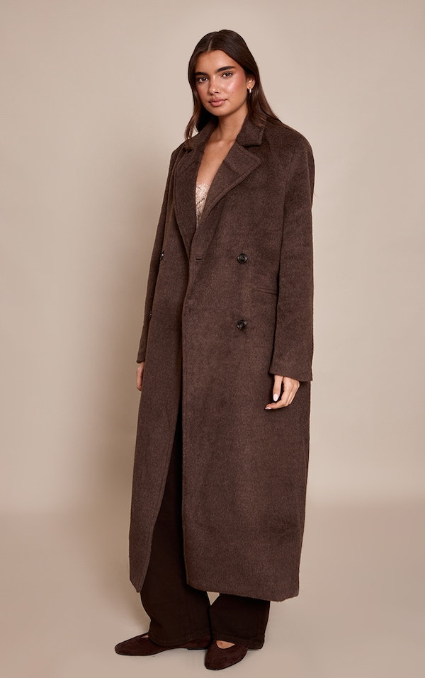 Manteau long structuré en effet laine chocolat à double boutonnière