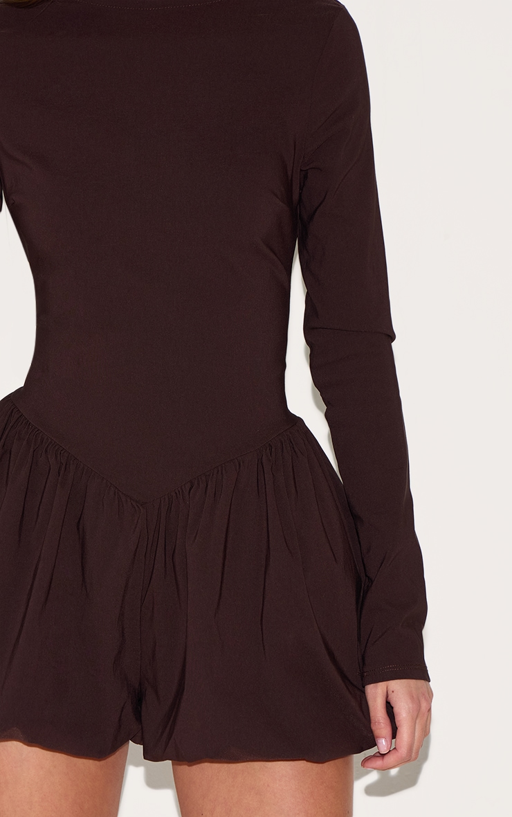Chocolate Brown Stretch Woven High Neck Puffball Skort Playsuit image 4