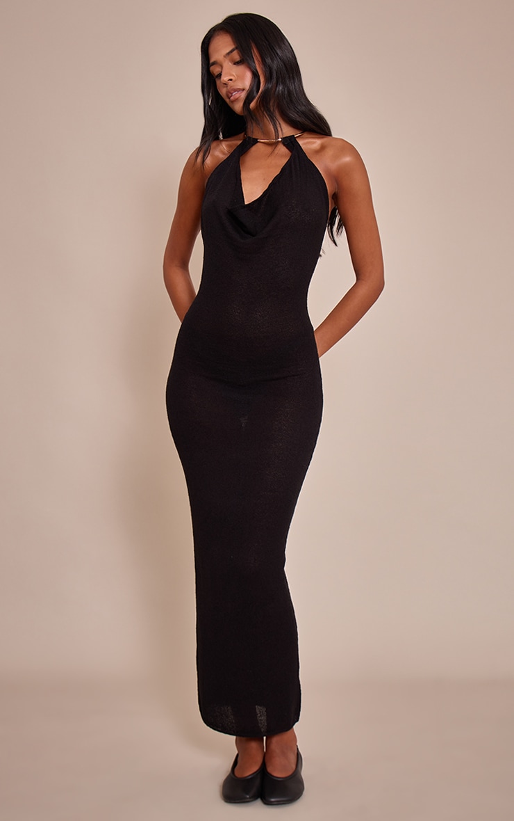Tall Black Gold Cuff Detail Knitted Maxi Dress