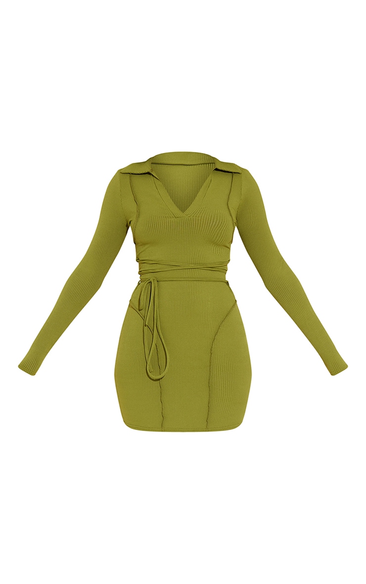 Olive Rib Lace Up Binding Detail Bodycon Dress image 5