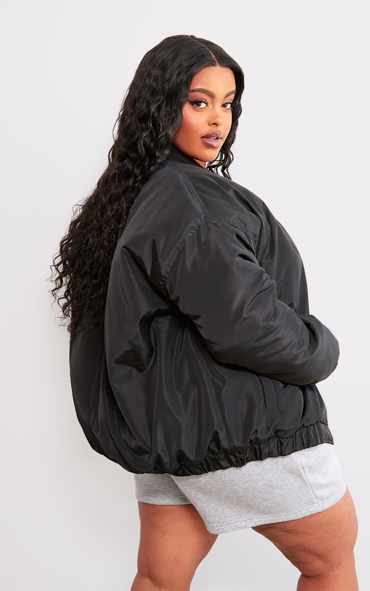 Plus Black Ribbed Neck Bomber Jacket image 2