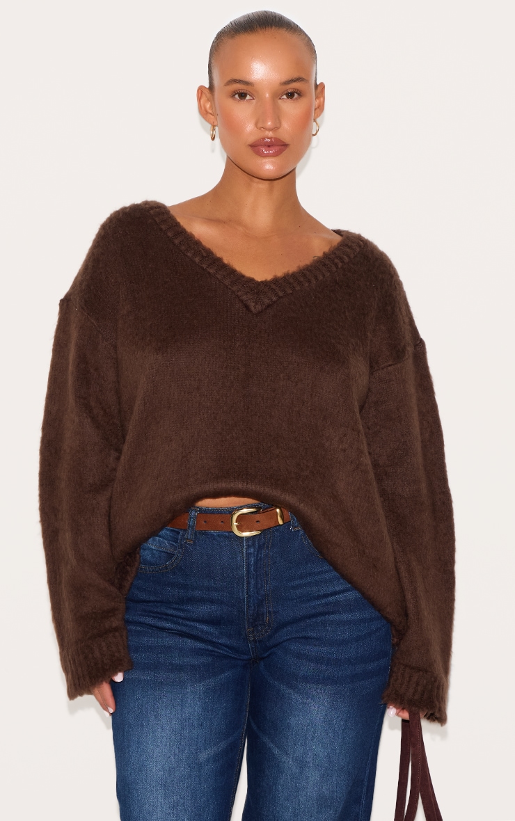Plus Chocolate Slouchy V Neck Eyelash Knit Sweater image 1