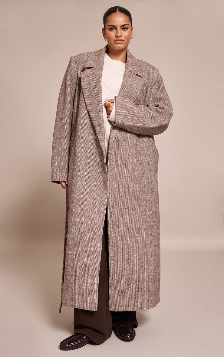 Plus Brown Herringbone Tie Waist Maxi Coat image 1