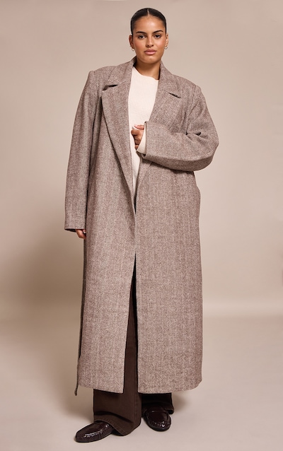 Plus Brown Herringbone Tie Waist Maxi Coat