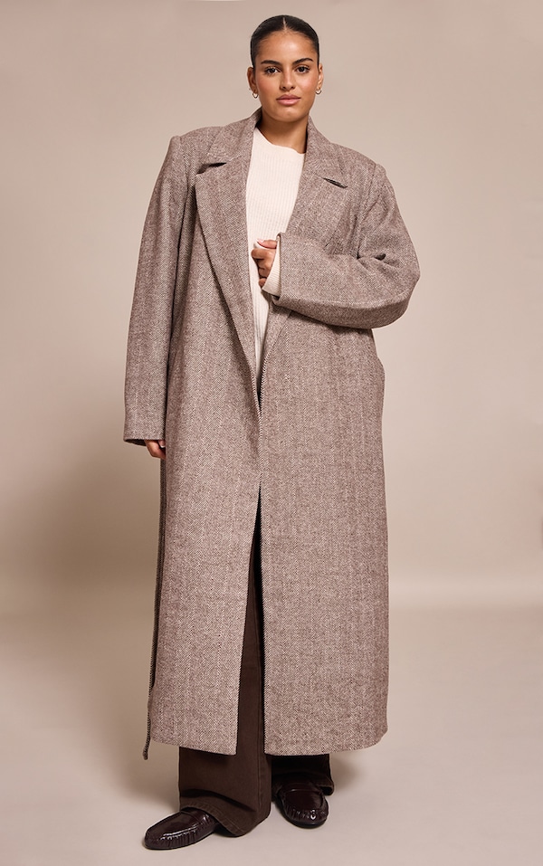 Plus Brown Herringbone Tie Waist Maxi Coat