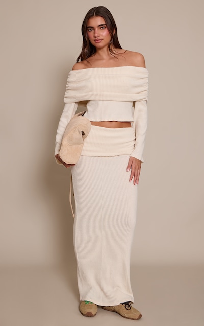 Cream Soft Rib Ruched Fold Over Maxi Skirt