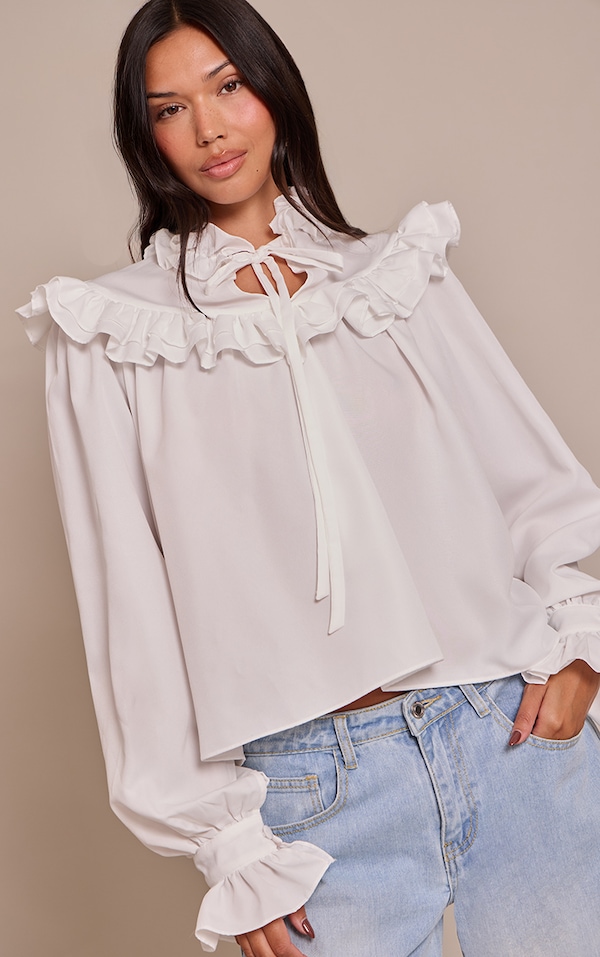 White High Neck Cotton Frill Detail Long Sleeve Shirt