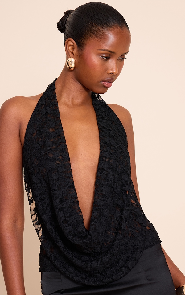 Top  en dentelle texturée noire à dos nu