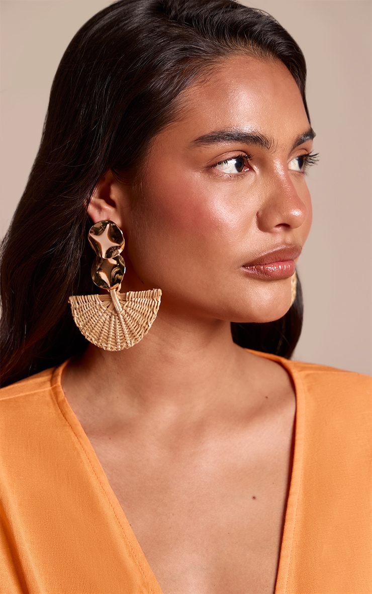 Gold Hammered Draped Raffia Statement Earrings