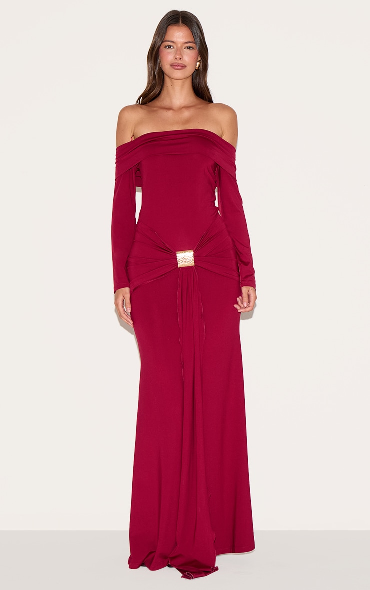 Deep Red Bardot Long Sleeve Trim Drape Detail Maxi Dress image 1
