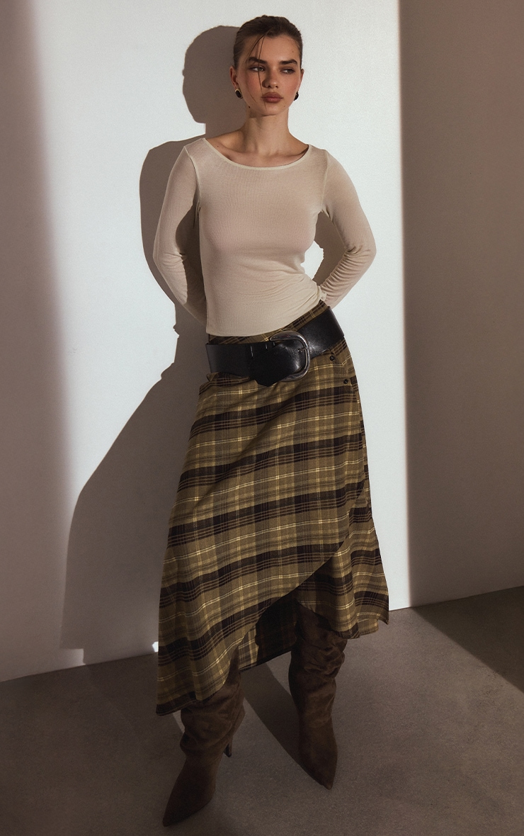 Green Check Brushed Woven Asymmetric Midi Skirt image 1