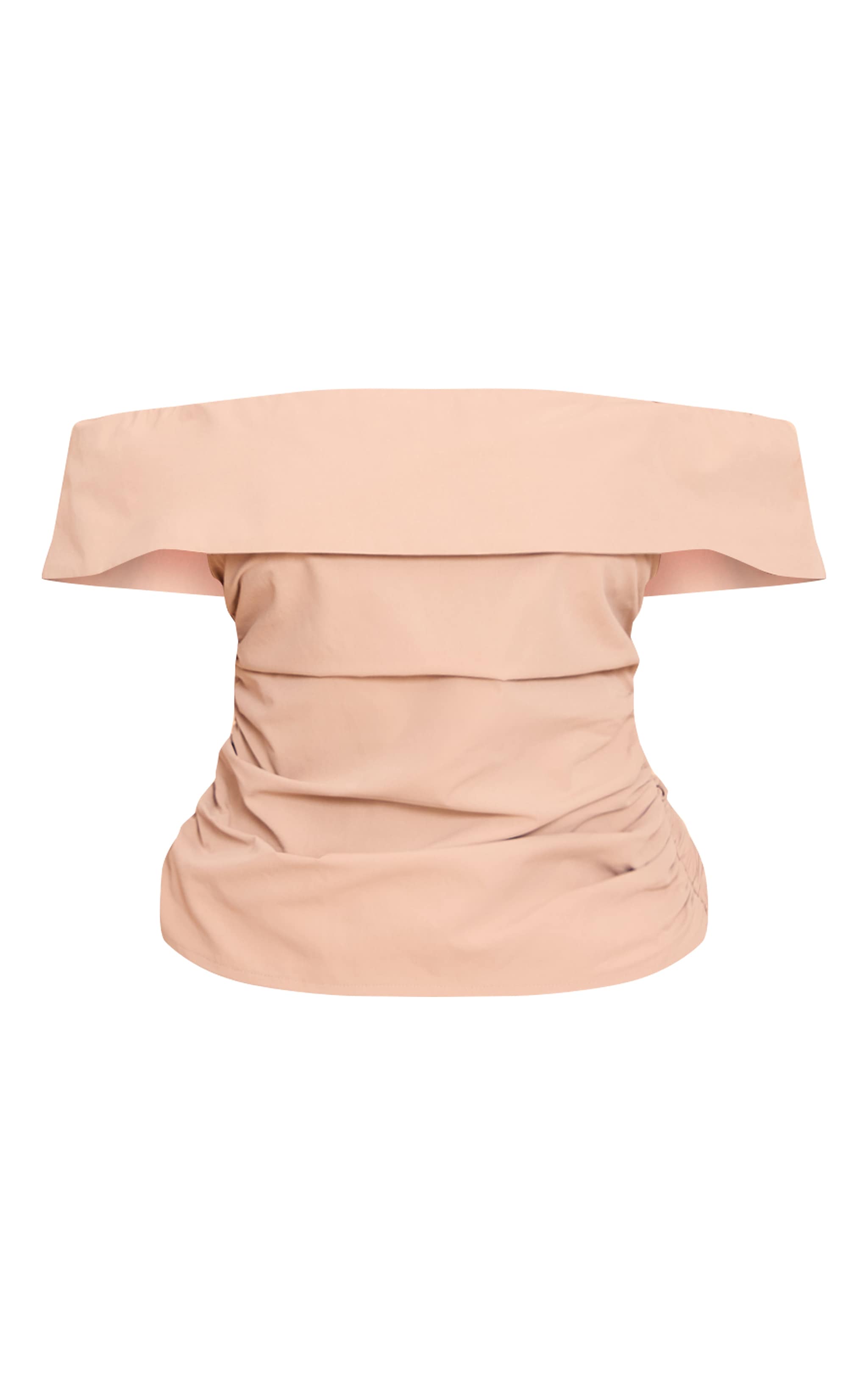 Top long tissé beige froncé sur les côtés à col bardot image 5