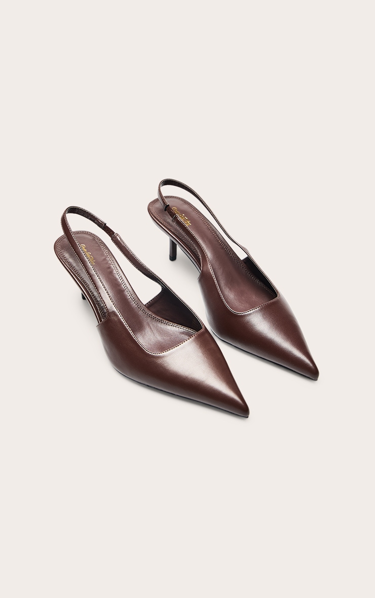 Mules pointure large pointues en PU chocolat à talon et bride derrière image 3