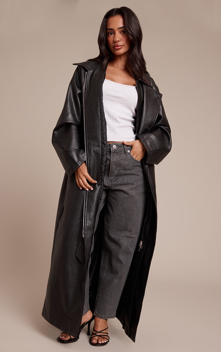 Petite Black Faux Leather Maxi Belted Trench Coat image 3