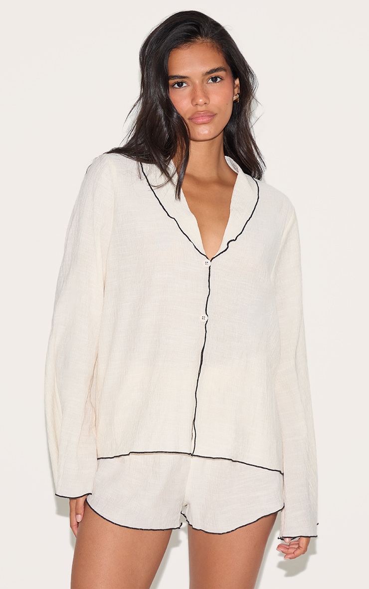 Sand Linen Look Textured Contrast Trim Floaty Shorts image 1