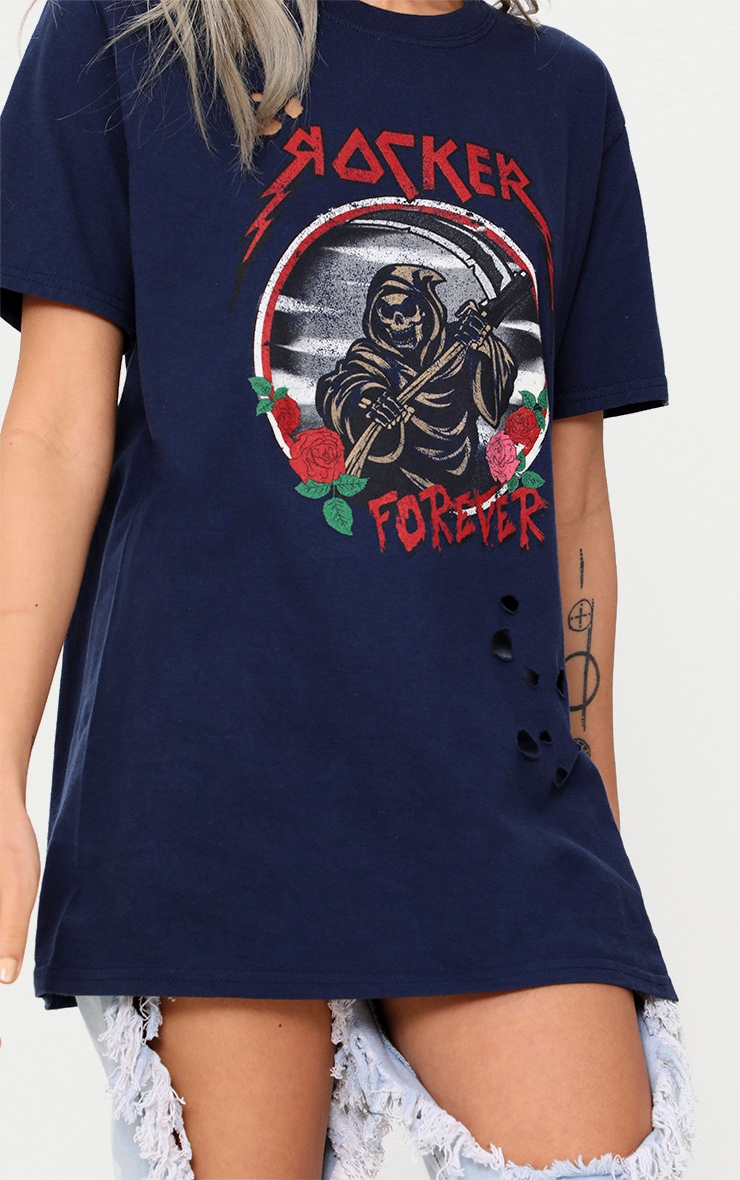 Navy Rocker Slogan Distressed T Shirt | PrettyLittleThing USA