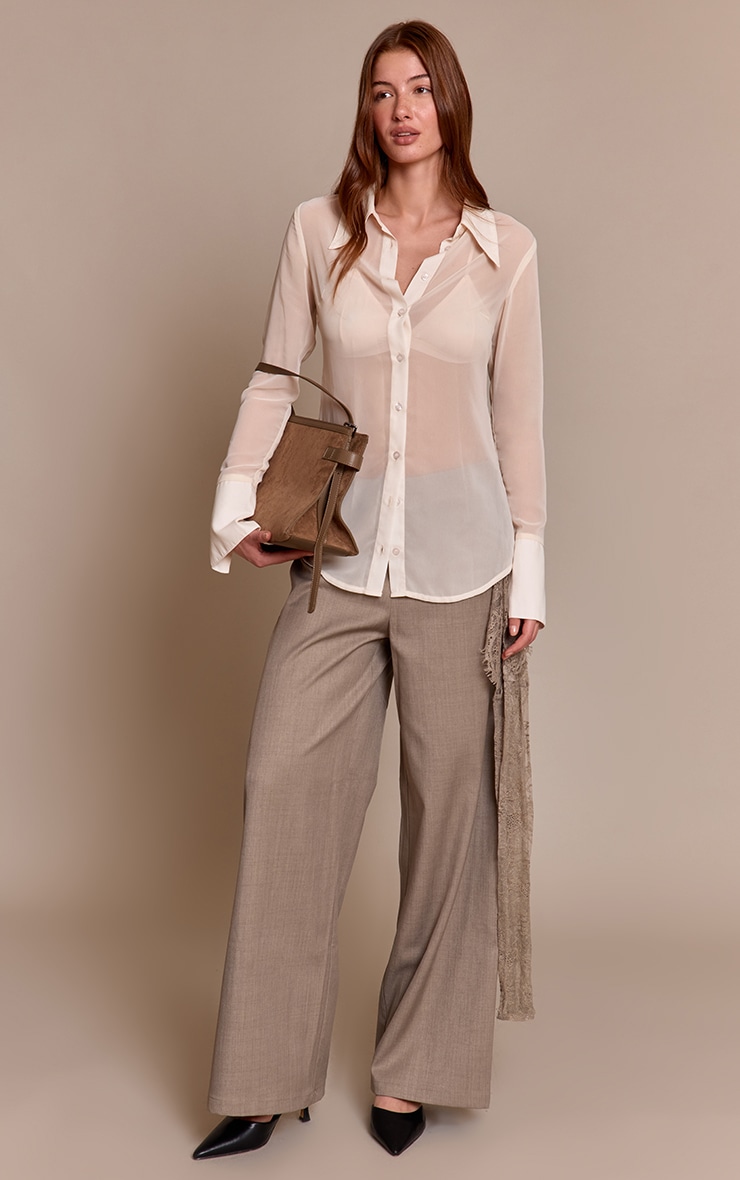 Cream Chiffon Oversized Collar Button Down Fitted Shirt image 3