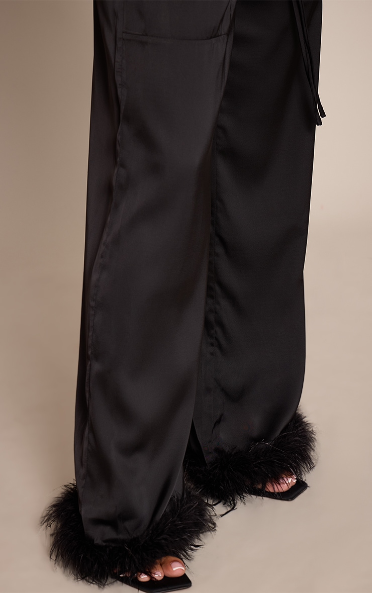 Black Satin Low Rise Wide Leg Drawstring Feather Hem Pants image 4