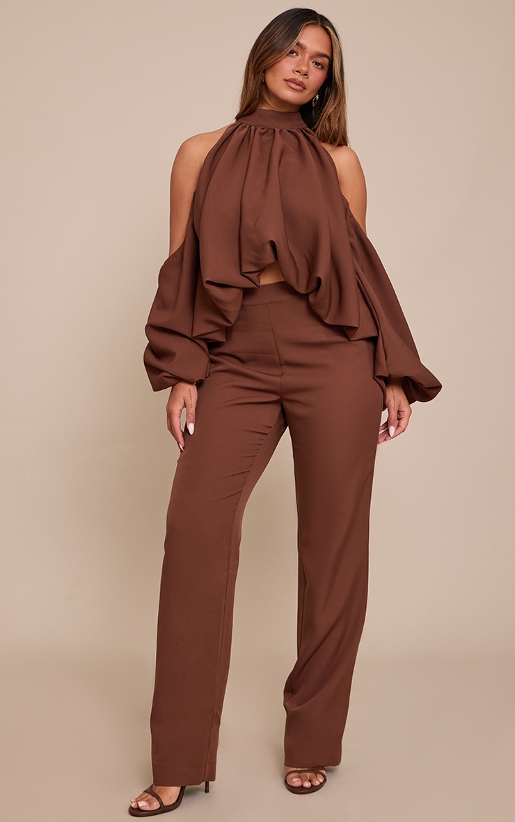 Shape Chocolate Cold Shoulder Puffball Halterneck Top image 3