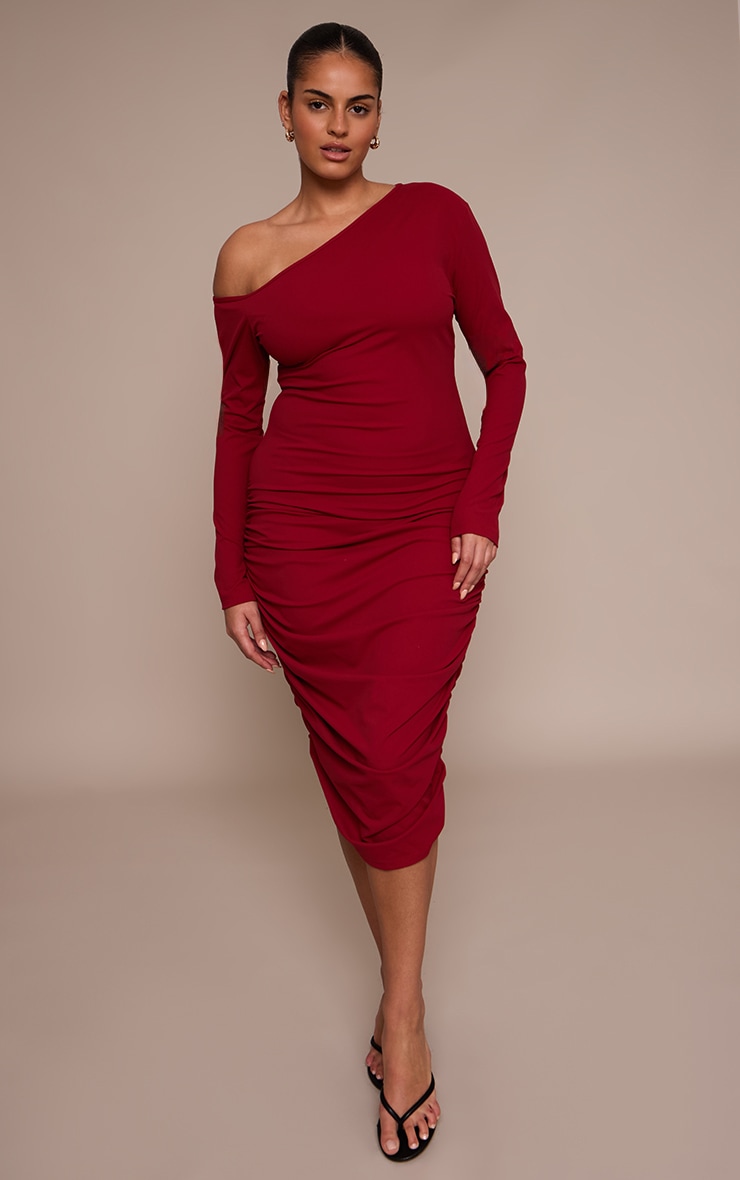 Plus Burgundy Sculpt Off Shoulder Ruched Midi Dress image 1