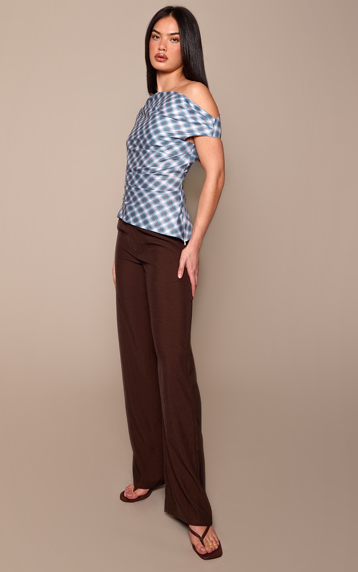Blue Check Asymmetric Neck Drape Top  image 3