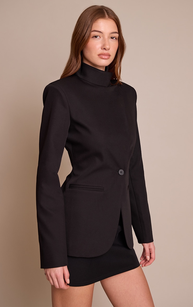 Black Tailored Woven High Neck Blazer image 4