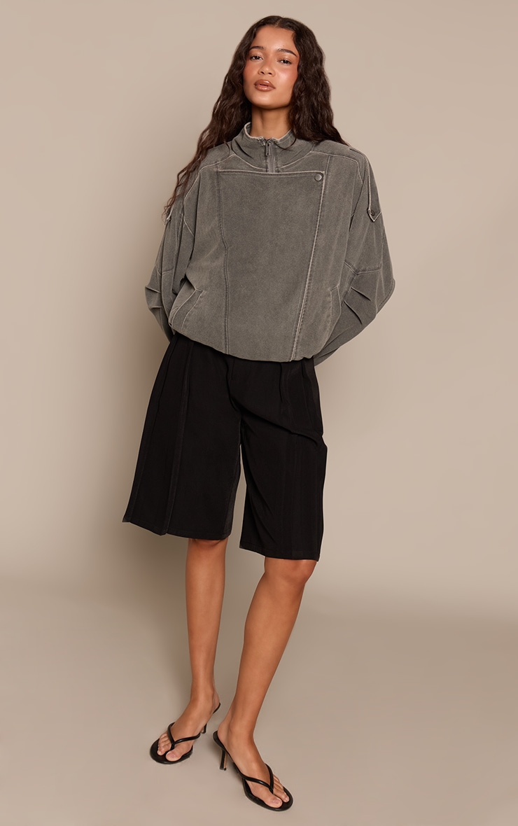 Grey Burnished Funnel Neck Low Belt Soft Suede Biker Jacket image 3