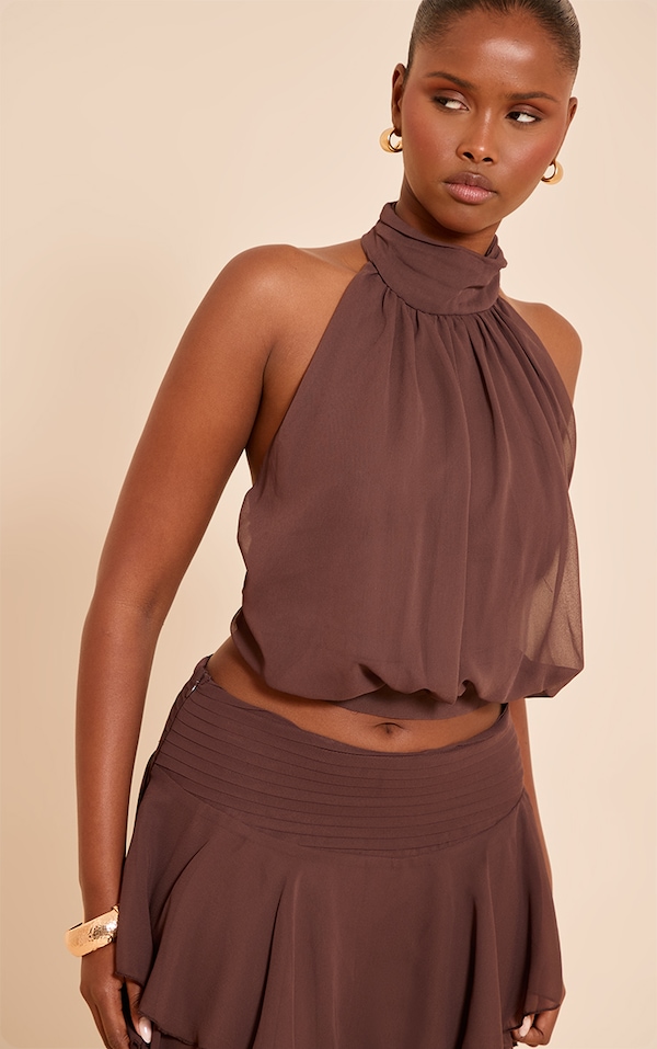  Chocolate Chiffon Ruched High Neck Top