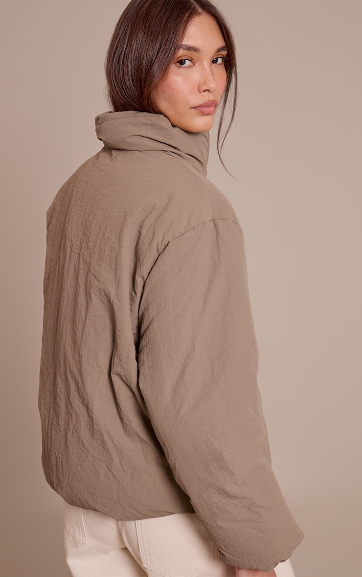 Washed Khaki High Neck Tie Waist Quilted Jacket