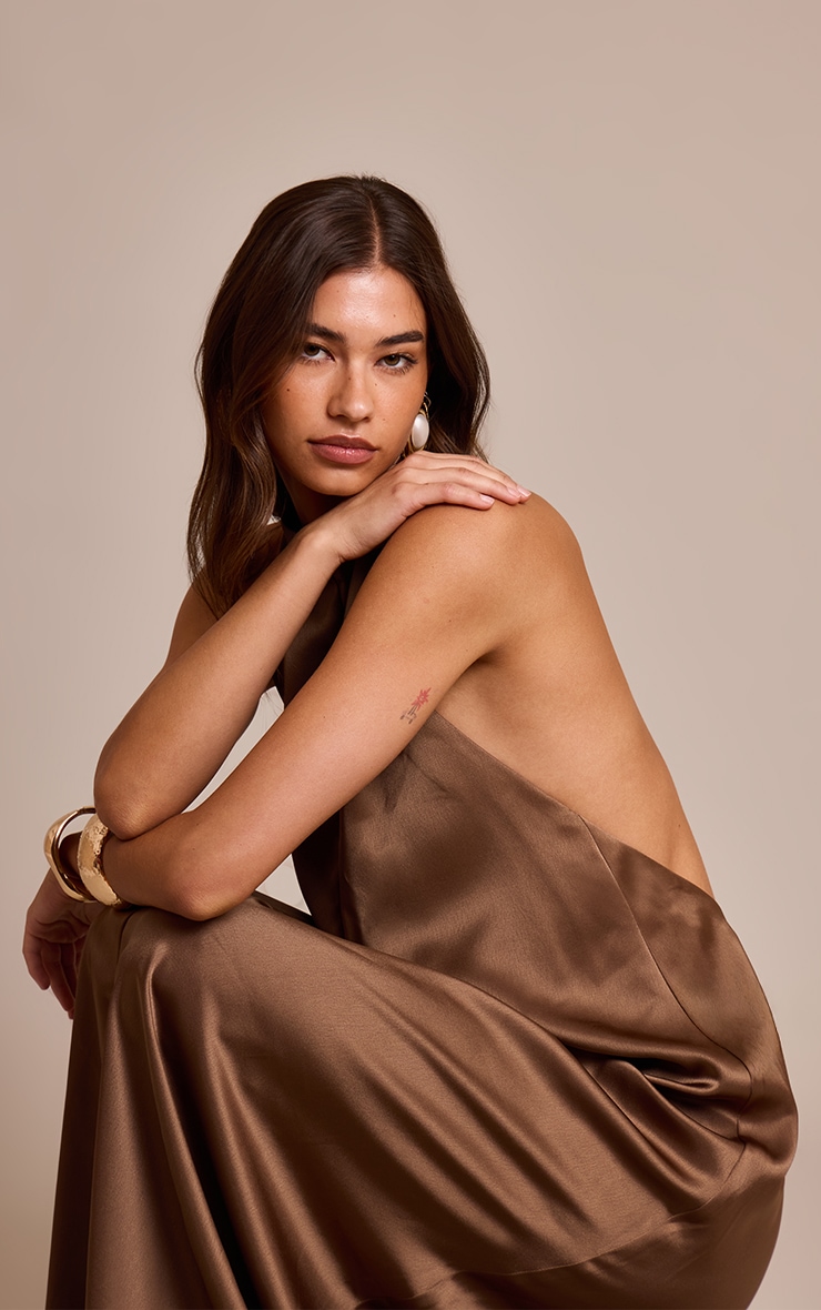 Chocolate Satin High Neck Scoop Extreme Low Back Maxi Dress image 4