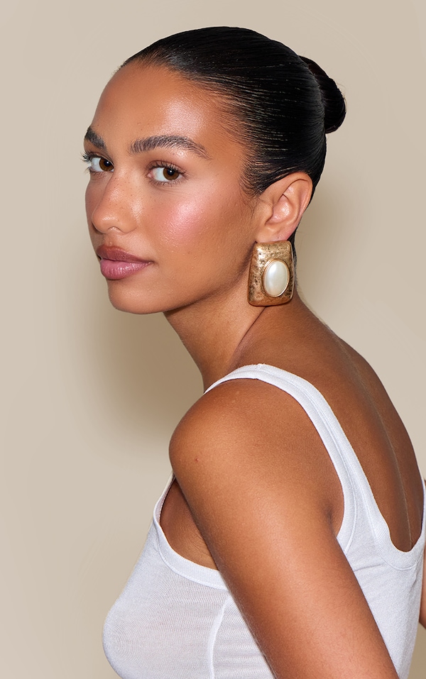 Pearl Brushed Gold Textured Statement Stud Earrings