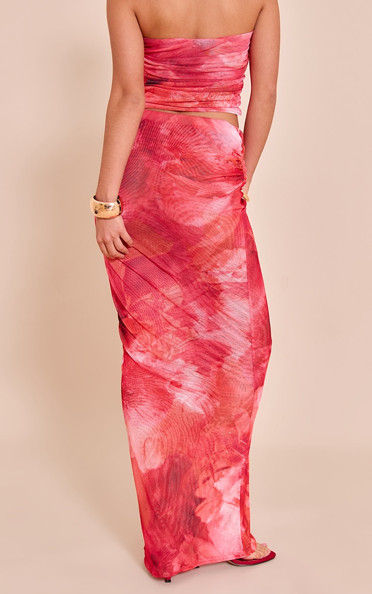 Pink Floral Print Chiffon Mesh Maxi Skirt image 3