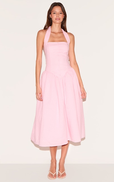 Robe mi-longue rose bonbon en coton brodé à col licou