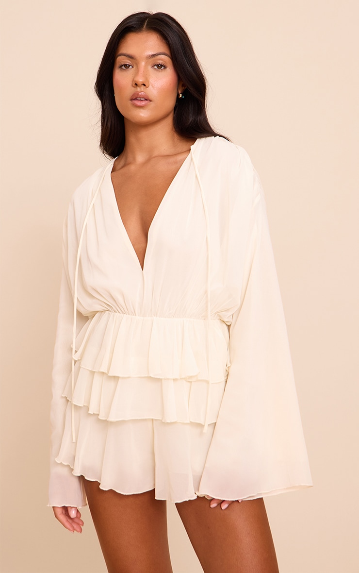 Cream Chiffon V Neck Frill Tiered Romper image 1