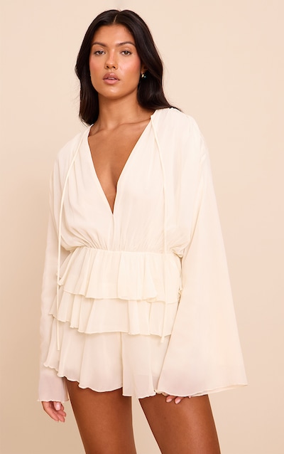 Cream Chiffon V Neck Frill Tiered Playsuit