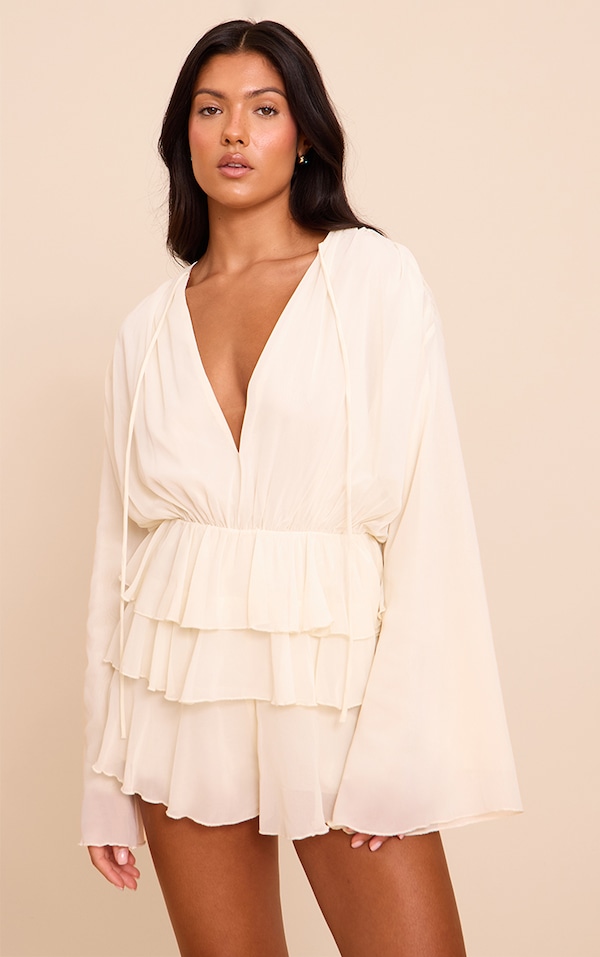 Cream Chiffon V Neck Frill Tiered Romper