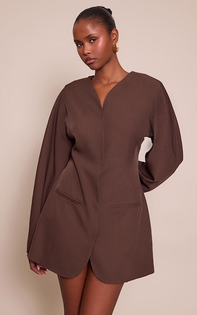Robe blazer tissée chocolat sans col à manches bouffantes
