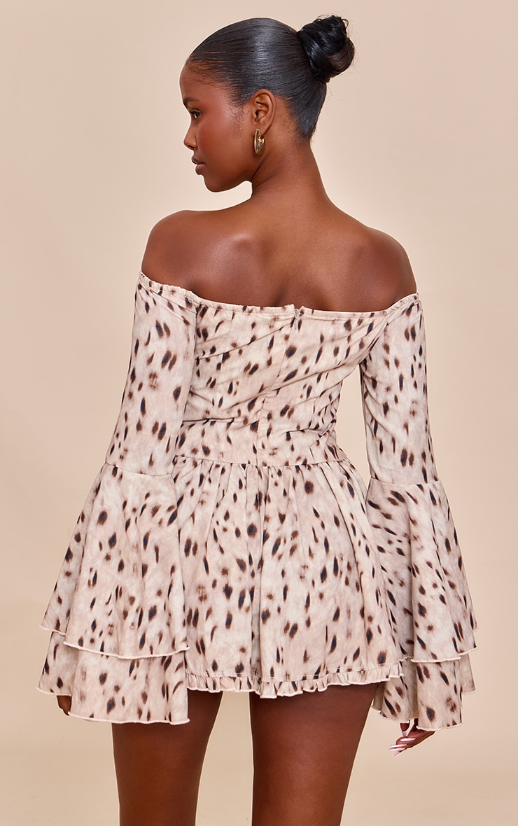 Brown Abstract Print Bardot Flare Sleeve Playsuit image 2