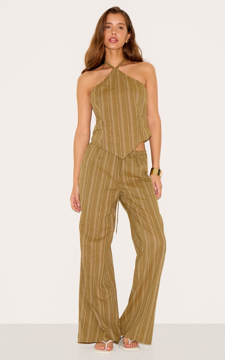 Pantalon en coton kaki à fines rayures et taille nouée image 1
