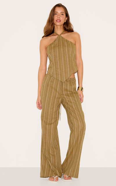 Pantalon en coton kaki à fines rayures et taille nouée