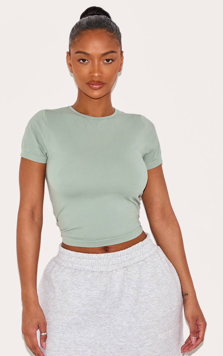 Shape Sage Green Stretch Seamless  Short Sleeve Longline Top image 1