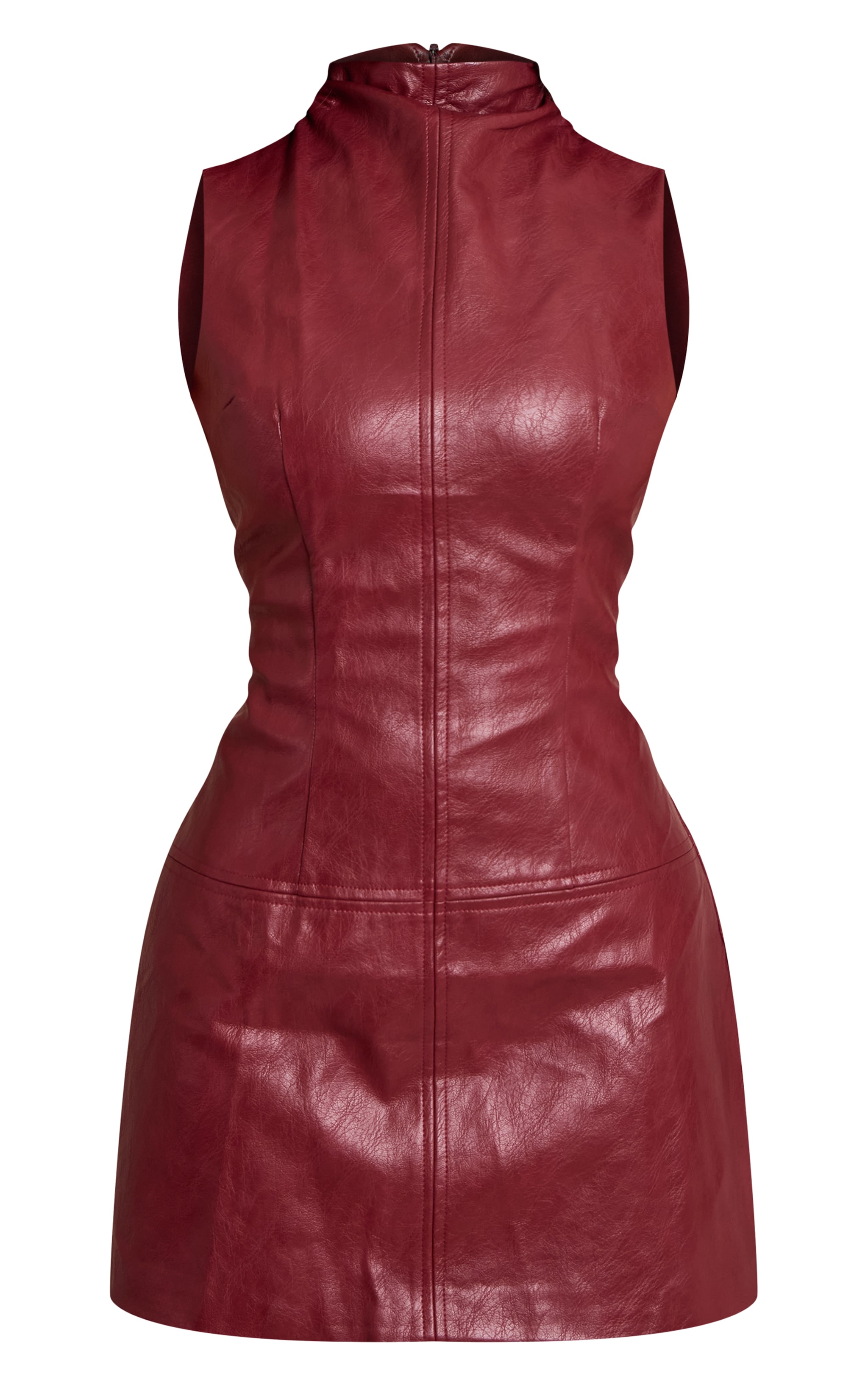Petite Deep Red Faux Leather High Neck Ruched Mini Dress image 5